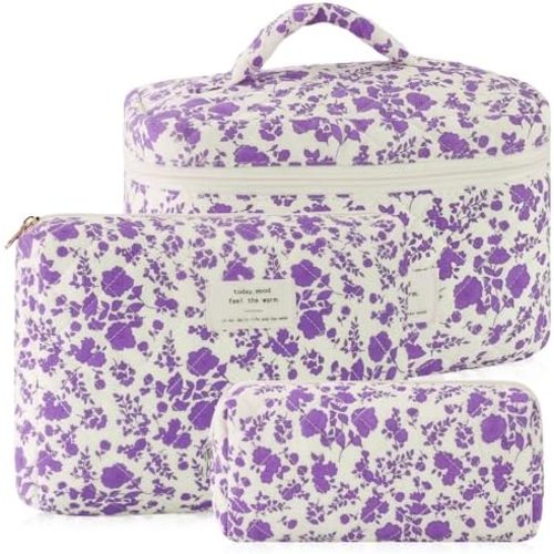 3Pcs Cotton Quilted Makeup Bag for Women Girls Large Small Travel Portable Cosmetic Bag Set Cute Purple Floral Zipper Make Up Pouch Coquette Aesthetic Storage Toiletry Organizer Case
