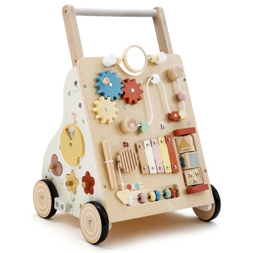 PTINFLUCE Wooden Baby Walker, Baby Push Walker for Boys and Girls 12 Months+, Adjustable Speed and Height Activity Walker, Montessori Push Toy for Toddler Learning to Walk