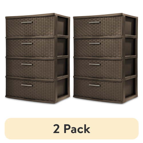 (2 pack) Sterilite Storage Drawer, 4 Drawer Plastic Weave Wide Tower with Pull Handles, Brown