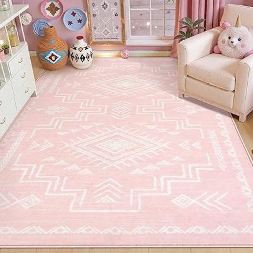 STARUIA Moroccan Washable 5x7 Pink Area Rugs for Living Room, Girls Cute Western and Aztec Tribal Neutral Rug for Bedroom, Soft Non-Shedding Non-Slip Large Carpet for Nursery Kids Home Decor