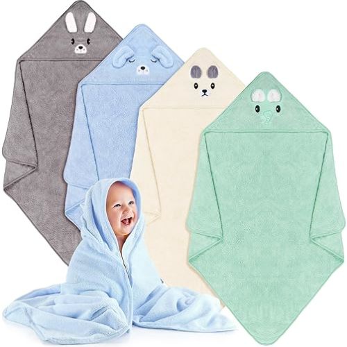 Preboun 4 Pcs Baby Bath Towel 31.5 x 31.5 Inch Coral Fleece Baby Hooded Towel Absorbent Soft Baby Towels for Newborn Cartoon Animal Hooded Bath Blanket for Kids Toddler Infant Shower (Cute Style)
