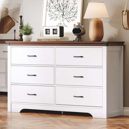 Farmhouse 6 drawer dresser for bedroom, 51" Wide chest of drawers, Wood white dresser with Metal Handle and Anti-Tipping Device, Storage Dressers Organizer for Bedroom, Living Room, Hallway, White