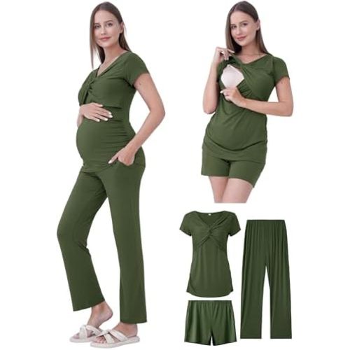 Maternity Nursing Pajamas Set 3PCS, Breastfeeding Tops, Adjustable Shorts & Pants, Postpartum Hospital Bag Essentials