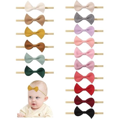 doboi 16PCS Baby Girl Headbands with Bows Baby Hair Bows Nylon Hairbands Handmade Woolen Fabric Hair Accessories for Newborn Infant Toddlers Little Girls and Kids