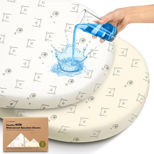 2-pk Waterproof Bassinet Sheets Girls, Boys, Cotton - 33x17 Universal Bassinet Mattress Pad Protector Cover,Compatible with Graco,Baby Delight,Chicco,Halo Bassinest Swivel Sleeper Fitted (Bumble Bear)