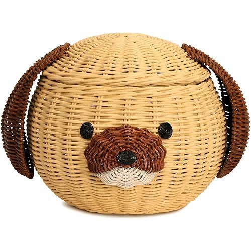 Dog Rattan Storage Basket With Lid Decorative Bin Home Decor Hand Woven Shelf Organizer Cute Handmade Handcrafted Gift Art Decoration Artwork Wicker Puppy (Dog Head)