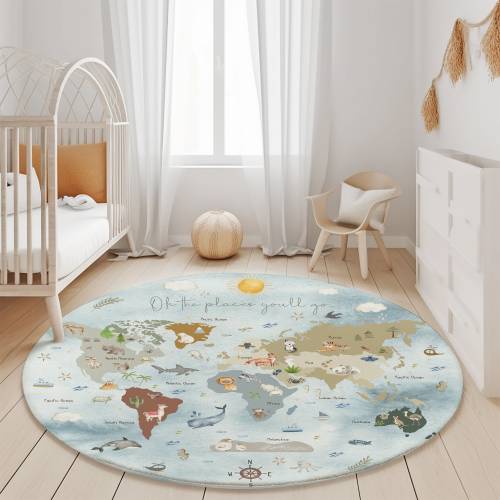 World map round rug, Play Rug, Play Mat, Nursery Rug, Kids Rug, Kids Room Rug, Printed Rug, Playroom Floor Rug, Animals round rug mat decor,