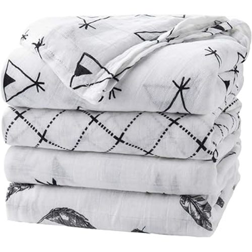 upsimples Baby Swaddle Blanket Unisex Swaddle Wrap Soft Silky Muslin Swaddle Blankets Neutral Receiving Blanket for Boys and Girls, Large 47 x 47 inches, Set of 4-Arrow/Feather/Tent/Crisscross