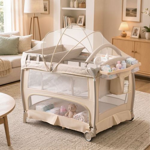 TODECARE 5-in-1 Baby Playard with Bassinet, Bedside Sleeper, Changing Table, Canopy & Side Zipper, Portable Baby Playard