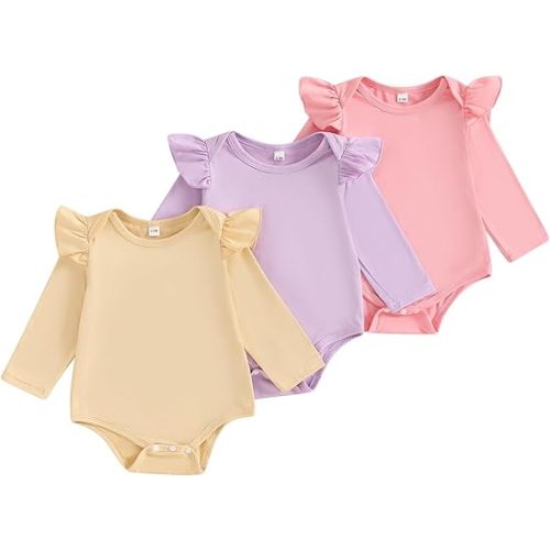Bagilaanoe Newborn Infant Baby Girls Clothes Fall Winter Ruffle Long Sleeve Romper Solid Color Bodysuit 3-Pack Set