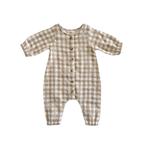 Tan Gingham / Organic Long Sleeve Bay Jumpsuit
