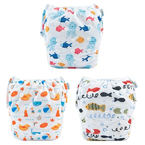 Babygoal Baby Swim Diapers 3 Pack for 0-8 Months Infant Girls and Boys, Reusable Adjustable Washable for Swimming Lessons-Fish,Duck