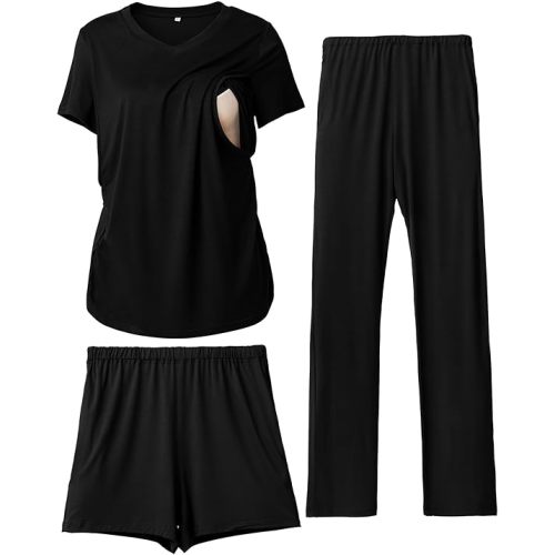 Rnxrbb 3 Piece Women's Maternity Nursing Pajamas Set V Neck Breastfeeding Pjs Sleepwear Postpartum Shorts&Pants Pockets