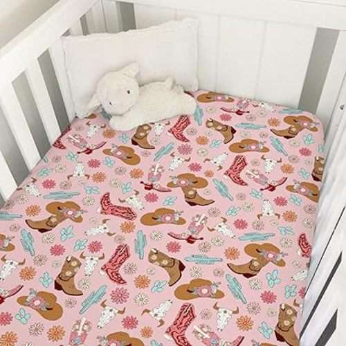 Boho Western Cowgirl Pink Baby Crib Sheets 52''x28'' Pink Cowgirl Hats Boots Skull Cactus Floral Snug Fitted Crib Mattress Cover for Girl Soft Baby Bed Sheet for Standard Crib and Toddler Mattress