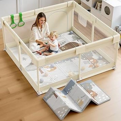 Fodoss Baby Playpen with Mat 47x47x27 in, Baby Play Pen Small Play Yard, Baby Fence Play Area Playard Activity Center (Beige)