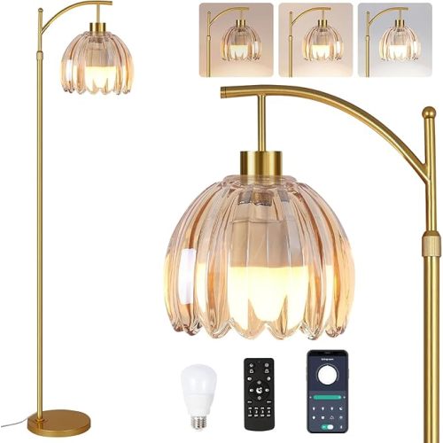 QIYIZM Glass Floor Lamp for Living Room,Bedroom,Gold Dimmable Standing Lamp with Remote,Mid Century Modern Brass Tall Lamp Boho Floor Lamps Arc Stained Flower Floor Light Lamp Girls Bohemian