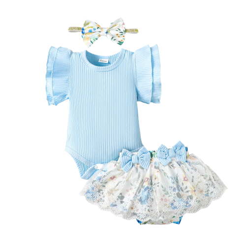 Kucnuzki Preemie Newborn Baby Girl Clothes Romper Shorts Set Fly Sleeve Pure Color Casuak Rompers Top Elastic Floral Mesh Panel Shorts Headband 3PCS Set Blue