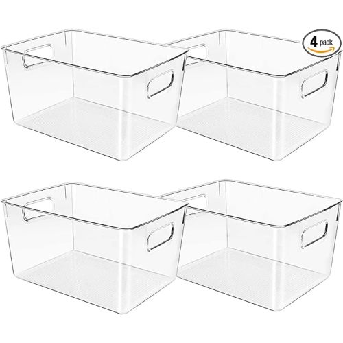 Clear Plastic Storage Bins, Pantry Organizers and Storage or Kitchen Organization and Storage Containers Bins for Organizing, Fridge, Freezer, Bathroom, Pantries, Refrigerator, Cabinet Organizer Bin