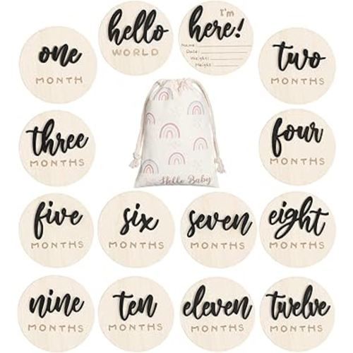 3D Baby Milestone Wooden Circles Hello World Newborn Sign 7 Pack Double Sided Monthly Milestone Cards Baby Announcement Sign for Newborn Shower Photo Props (Black)