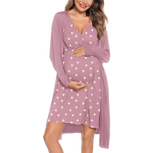 SWOMOG Women Maternity Nursing Gown and Robe Set 3 in 1 Labor Delivery Nursing Nightgown for Breastfeeding Hospital Bathrobe