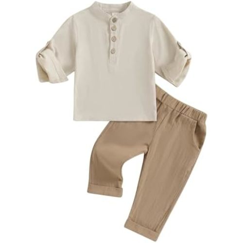 Karuedoo Toddler Baby Boy Clothes Cotton Linen Henley Shirts Button Down Long Sleeve Shirts Casual Pants Set