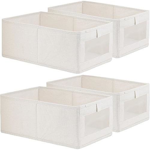 4 Pack Linen Storage Bins, Storage Containers for Organizing Clothing, Jeans, Toys, Books, Shelves, Closet, Wardrobe - Closet Organizers and Storage, Large Storage Boxes Baskets with Window