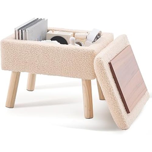 Wimarsbon Storage Ottoman,Small Foot Stool with Wood Legs,Teddy Velvet Footrest with Soft Padded Seat,Accent Small Table or Plant Stand for Living Room,Bedroom and Office (Beige-Storage)