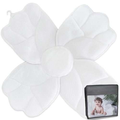 Baby Bath Flower Cushion, Breathable 3D Mesh Fabric Baby Bath Flower Seat Cushion for Sink with 4 Petals, Soft & Comfy Bathtub Pad for Infants, Newborn Essentials