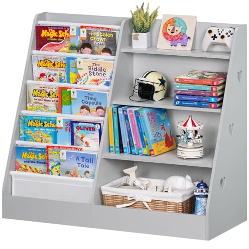 Lerliuo 4 Tier Kids Bookshelf and Storage Organizer, Five Layer Sling Children Bookcase, Baby Toddler Wooden Book Shelf, Display Cabinet for Playroom, Bedroom, Classroom, Nursery, School (Grey)