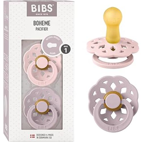 BIBS Pacifiers - Boheme Collection | BPA-Free Baby Pacifier | Made in Denmark | Set of 2 Blossom/Dusky Lilac Color Premium Soothers | Size 0-6 Months
