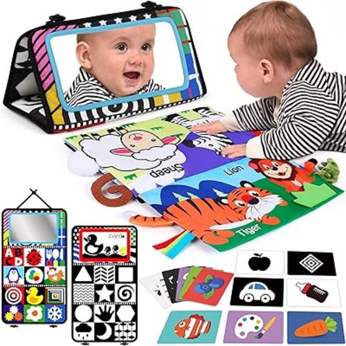Tummy Time Mirror Baby Toys 0-12 Months, Soft Crinkle Tails Cloth Book & 20 Pcs Flash Cards, High Contrast Black and White Infant Toys, Sensory Toy for Newborn, 0-6 Months Boys Girls Shower Gift