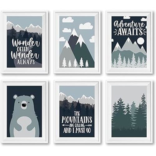Hadley Designs 6 Reversible 8x10 Adventure Decor Prints - Unframed Adventure Wall Art, Mountain Nursery Decorations for Boys Bedroom or Mountain Baby Room, Made in the USA