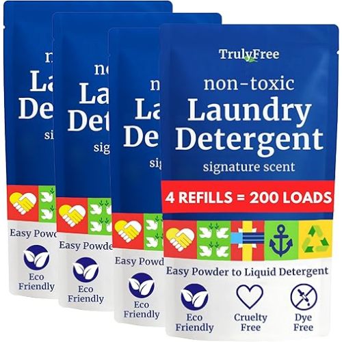 Truly Free Natural Laundry Detergent for Sensitive Skin | Eco Friendly, Plant Based, Baby Clothes Safe | Clean & Easy Powder to Liquid, 4 Pack Refill Detergent, NO Jug | Signature Scent, 200 Loads