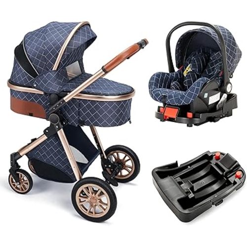 Baby Travel System Infant 3 in 1 Baby Stroller Pushchair High Landscape Reversible Foldable Portable Stroller Newborn Pram Reclining Baby Carriage (with Base Blue)
