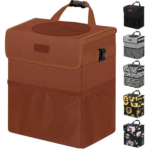 Car Trash Can, Brown, 2.2 Gallons Capacity, Waterproof, Polyester Material, Adjustable Strap, Hanging Design, Leakproof Lining, 100% PEVA Thickness