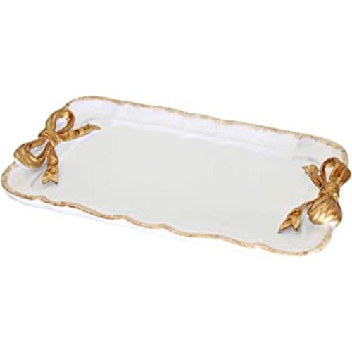 Vintage Decorative Towel Tray Storage Dish Fruit Trays Rings Chain Bracelets Earrings Trays Cosmetics Jewelry Organizer Retro Design Bow-Knot Resin Plate (White)
