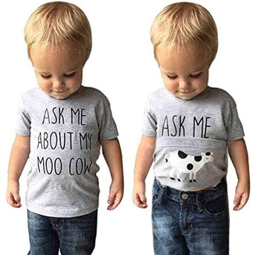 MODNTOGA Baby Boy Ask me About My moo Cow Shirt Little Cowboy Short Sleeve Top Toddler Kid T-rex Ranch T-Shirt Funny Dino Tee