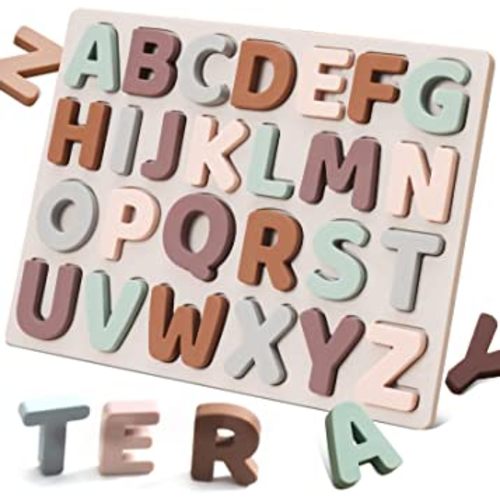 Silicone Alphabet Puzzle, ABC Puzzle Shape Alphabet Toys with Puzzle Board & Soft Letter Blocks for Toddlers, Montessori Preschool Early Education Learning Toy for Boys and Girls