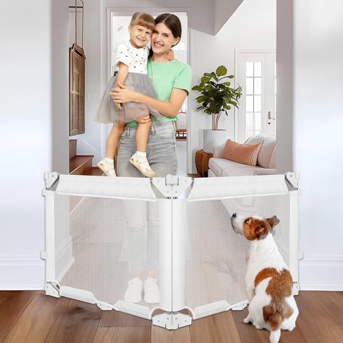 27.5 Inch Tall Foldable Gate, 55" Wide Folding Retractable Baby Gates for Doorways, 2 Panel Folding Pet Gate Short Dog Gate Baby Fence, Accordion Baby Gate Retractable Dog Gate for Stairs, White