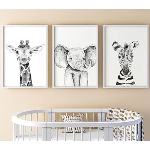 Safari Animals Baby Girl or Boy Set of 3 Nursery Unframed Prints, Bedroom Decor Wall Art Posters, Elephant Giraffe Zebra, Black and White Style Prints (12x16)