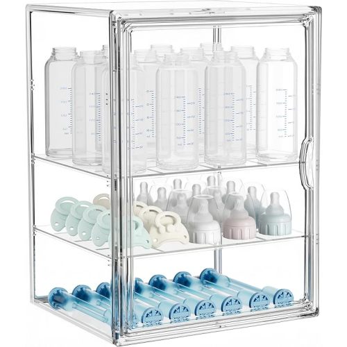 HBlife Baby Bottle Storage Organizer for Countertop Cabinet, 3 Tiers Adjustable Clear Acrylic Bottles Storage Station Case Box Container with 2 Removable Dividers and Magnetic Door, Large