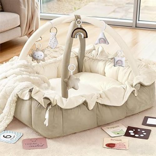 Mallify 5-in-1 Thick & Plush Baby Play Gym, Baby Play Mats for Floor, Tummy Time Mat with 6 Toys, Convertible Stage-Based Developmental from Babies to Toddlers, Ball Pit, Brown