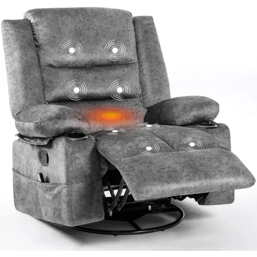Rocker Recliner Chair for Adults with Massage and Heat, Overstuffed Glider for Nursery with Cup Holders and Side Pockets, Swivel Single Sofa for Living Room, Grey