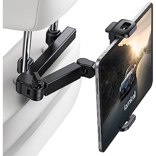 Lamicall Car Headrest Tablet Holder - [3 in 1 Extension Arm] Adjustable Tablet Car Mount for Back Seat, Road Trip Essentials for Kids, for 4.7-11" Device Like iPad Pro, Air, Mini, Galaxy, Fire, Black