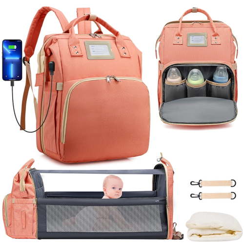 Diaper Bag Backpack, Large Capacity Diaper Backpack with Foldable Crib, Travel Waterproof Baby Changing Bag Multifunctional with USB Charging Port & Stroller Strap for Baby Boy & Girls(Pink)