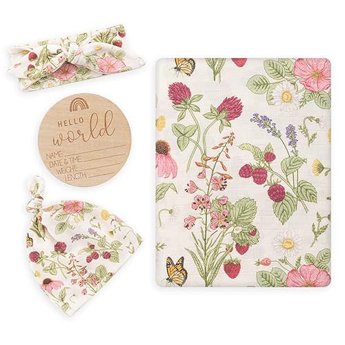 BabyWhale Muslin Swaddle Blanket with Hat and Headband Bow, Floral Pattern Swaddle Set for Baby Boys & Girls, Unisex Newborn Soft Receiving Swaddle Wrap, 47x47 inches