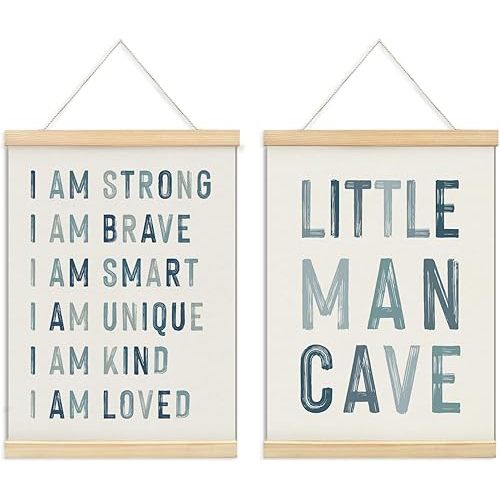 ULEGIE Boy Nursery Decor Posters Framed with Wood Hanger, Little Man Cave Sign for Boys Kids, Boys Room Decor, Toddler Room Decor, Art Prints for Nursery Playroom Bedroom, 2 Pack 12 x 16 Inches-Blue