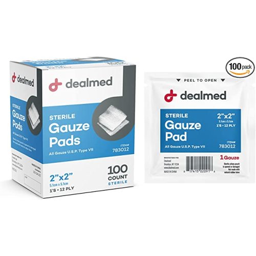 Dealmed 2’’ x 2’’ Sterile Gauze Pads (100 Count) Disposable and Individually Wrapped Medical Gauze Pads, Wound Care Product for First Aid Kit and Medical Facilities (Pack of 1)