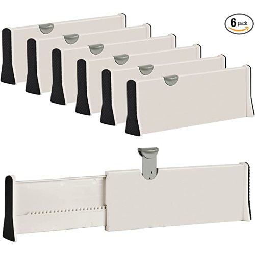 JONYJ Drawer Dividers Organizer 6 Pack, Adjustable Separators 4" High Expandable from 11-17" for Bedroom, Bathroom, Closet, Clothing, Office, Strong Secure Hold, Foam Ends, Locks in Place - Beige - 4" Tall, 11"-17" Long, 6 Pack