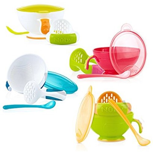 Nuby Garden Fresh Mash N' Feed Bowl with Spoon and Food Masher, Colors May Vary